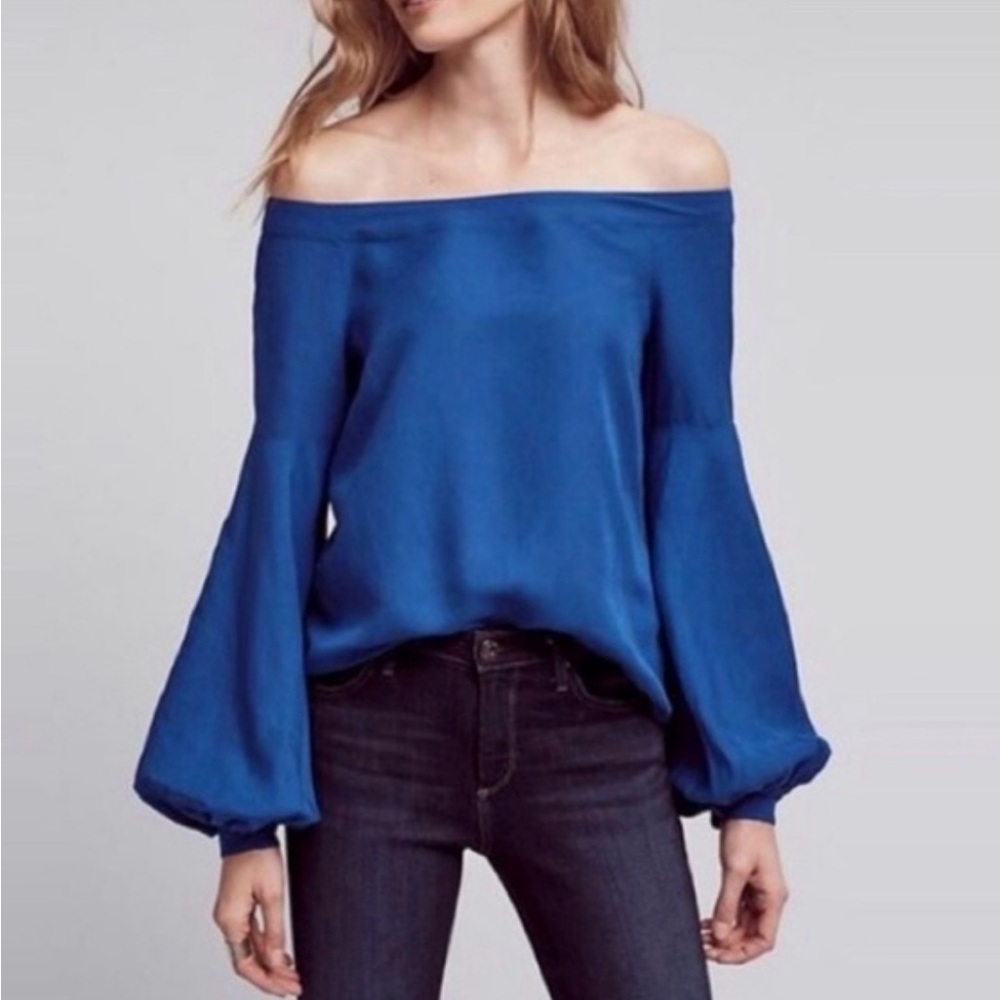 Anthropologie Floreat Poppy Bell Blue Off-Shoulder Blouse | NWOT